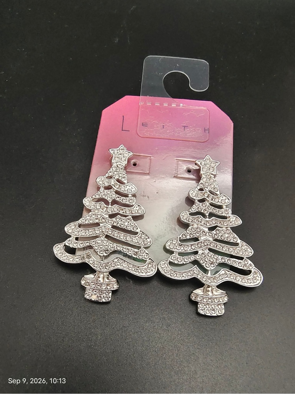 NWOT Leith Crystal Christmas Tree Drop Earrings - Silver Tone